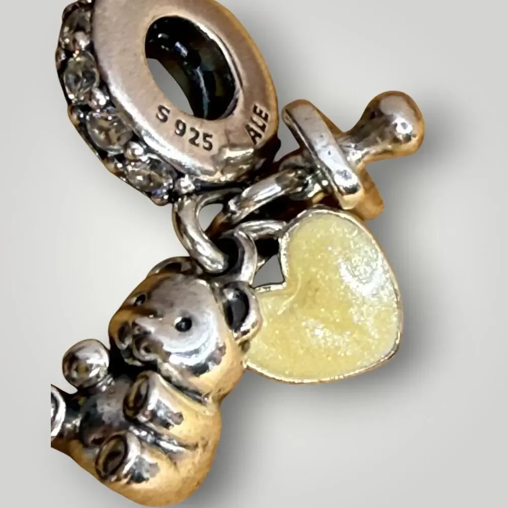 Pandora ALE 925 Sterling Silver Baby Teddy Bear Heart Dangle Charm